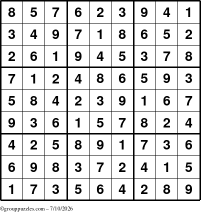 The grouppuzzles.com Answer grid for the Sudoku puzzle for Friday July 10, 2026
