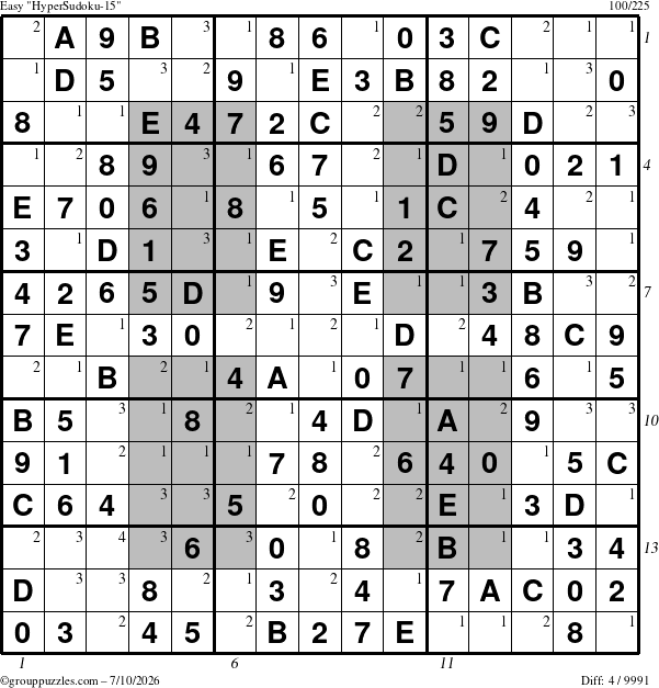 The grouppuzzles.com Easy HyperSudoku-15 puzzle for Friday July 10, 2026 with all 4 steps marked