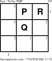 The grouppuzzles.com Easy TicTac-PQR puzzle for Friday July 10, 2026, suitable for printing, with all 2 steps marked