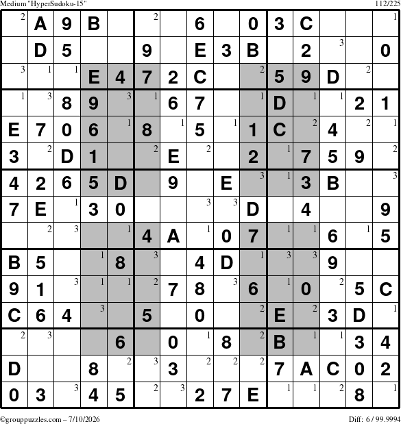 The grouppuzzles.com Medium HyperSudoku-15 puzzle for Friday July 10, 2026 with the first 3 steps marked