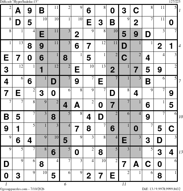 The grouppuzzles.com Difficult HyperSudoku-15 puzzle for Friday July 10, 2026, suitable for printing, with all 13 steps marked