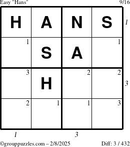 The grouppuzzles.com Easy Hans puzzle for Saturday February 8, 2025 with all 3 steps marked