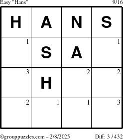 The grouppuzzles.com Easy Hans puzzle for Saturday February 8, 2025 with the first 3 steps marked