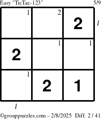 The grouppuzzles.com Easy TicTac-123 puzzle for Saturday February 8, 2025 with all 2 steps marked