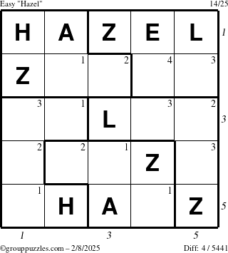 The grouppuzzles.com Easy Hazel puzzle for Saturday February 8, 2025 with all 4 steps marked