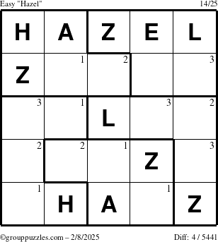 The grouppuzzles.com Easy Hazel puzzle for Saturday February 8, 2025 with the first 3 steps marked