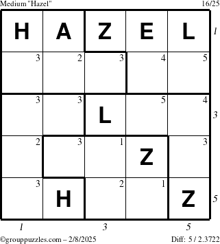 The grouppuzzles.com Medium Hazel puzzle for Saturday February 8, 2025 with all 5 steps marked