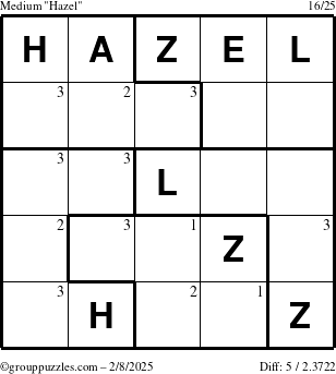 The grouppuzzles.com Medium Hazel puzzle for Saturday February 8, 2025 with the first 3 steps marked