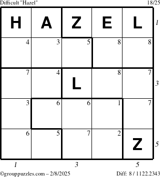 The grouppuzzles.com Difficult Hazel puzzle for Saturday February 8, 2025 with all 8 steps marked