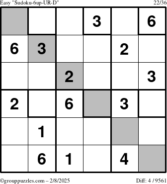 The grouppuzzles.com Easy Sudoku-6up-UR-D puzzle for Saturday February 8, 2025