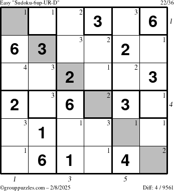 The grouppuzzles.com Easy Sudoku-6up-UR-D puzzle for Saturday February 8, 2025, suitable for printing, with all 4 steps marked