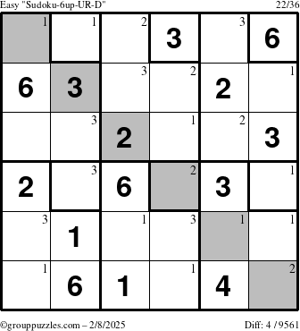 The grouppuzzles.com Easy Sudoku-6up-UR-D puzzle for Saturday February 8, 2025 with the first 3 steps marked