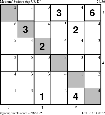 The grouppuzzles.com Medium Sudoku-6up-UR-D puzzle for Saturday February 8, 2025 with all 6 steps marked