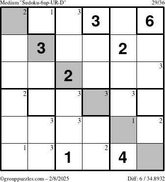 The grouppuzzles.com Medium Sudoku-6up-UR-D puzzle for Saturday February 8, 2025 with the first 3 steps marked