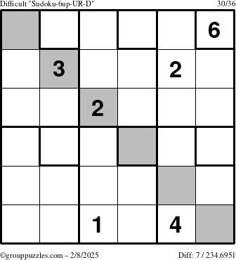 The grouppuzzles.com Difficult Sudoku-6up-UR-D puzzle for Saturday February 8, 2025