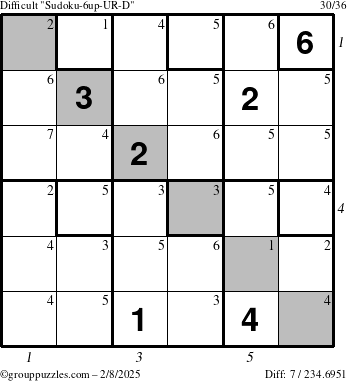 The grouppuzzles.com Difficult Sudoku-6up-UR-D puzzle for Saturday February 8, 2025 with all 7 steps marked