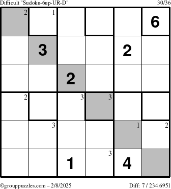 The grouppuzzles.com Difficult Sudoku-6up-UR-D puzzle for Saturday February 8, 2025 with the first 3 steps marked