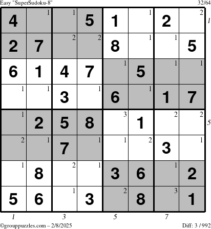 The grouppuzzles.com Easy SuperSudoku-8 puzzle for Saturday February 8, 2025 with all 3 steps marked