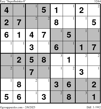 The grouppuzzles.com Easy SuperSudoku-8 puzzle for Saturday February 8, 2025 with the first 3 steps marked