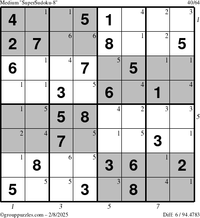 The grouppuzzles.com Medium SuperSudoku-8 puzzle for Saturday February 8, 2025 with all 6 steps marked