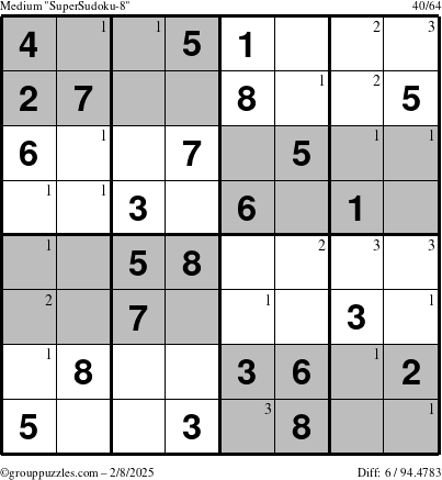 The grouppuzzles.com Medium SuperSudoku-8 puzzle for Saturday February 8, 2025 with the first 3 steps marked