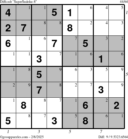 The grouppuzzles.com Difficult SuperSudoku-8 puzzle for Saturday February 8, 2025 with all 9 steps marked