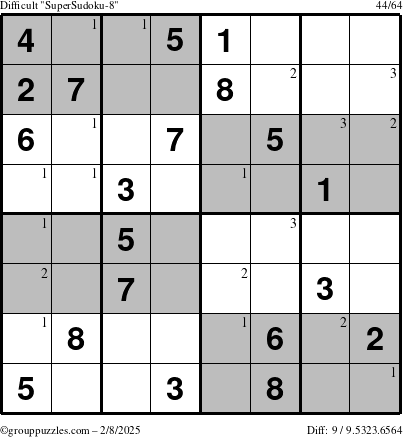 The grouppuzzles.com Difficult SuperSudoku-8 puzzle for Saturday February 8, 2025 with the first 3 steps marked