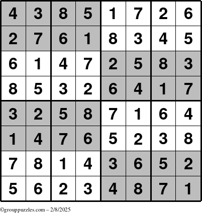 The grouppuzzles.com Answer grid for the SuperSudoku-8 puzzle for Saturday February 8, 2025