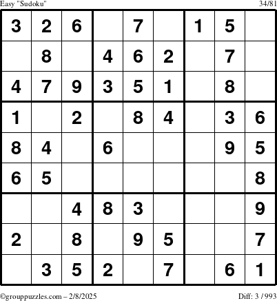 The grouppuzzles.com Easy Sudoku puzzle for Saturday February 8, 2025