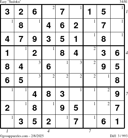 The grouppuzzles.com Easy Sudoku puzzle for Saturday February 8, 2025 with all 3 steps marked