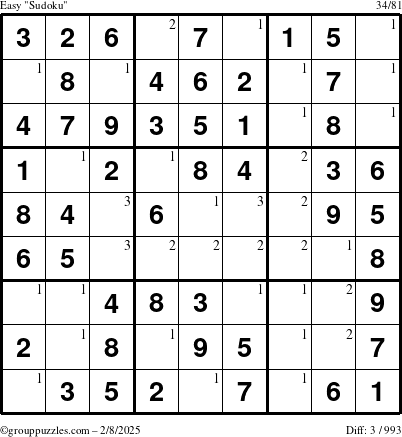 The grouppuzzles.com Easy Sudoku puzzle for Saturday February 8, 2025 with the first 3 steps marked