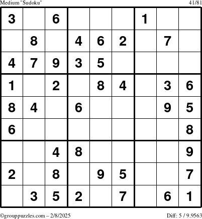 The grouppuzzles.com Medium Sudoku puzzle for Saturday February 8, 2025