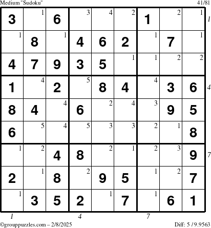 The grouppuzzles.com Medium Sudoku puzzle for Saturday February 8, 2025 with all 5 steps marked