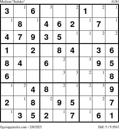 The grouppuzzles.com Medium Sudoku puzzle for Saturday February 8, 2025 with the first 3 steps marked