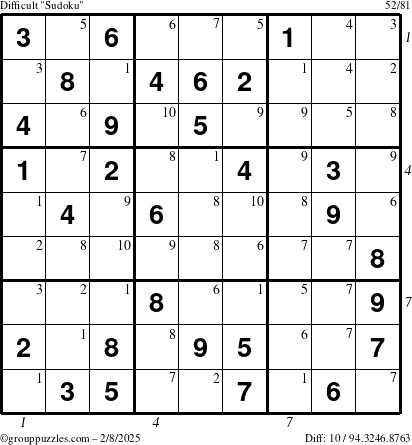 The grouppuzzles.com Difficult Sudoku puzzle for Saturday February 8, 2025 with all 10 steps marked