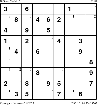 The grouppuzzles.com Difficult Sudoku puzzle for Saturday February 8, 2025 with the first 3 steps marked