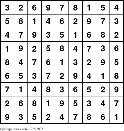 The grouppuzzles.com Answer grid for the Sudoku puzzle for Saturday February 8, 2025