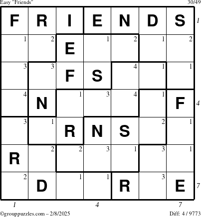 The grouppuzzles.com Easy Friends puzzle for Saturday February 8, 2025 with all 4 steps marked