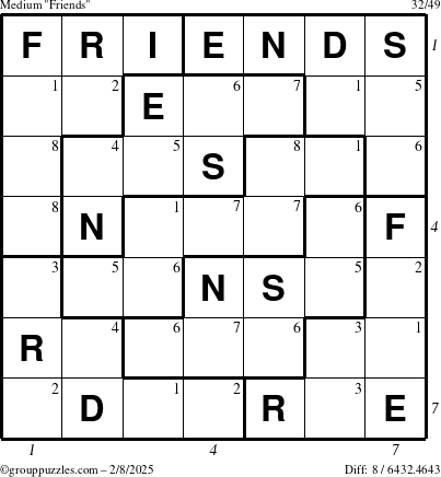 The grouppuzzles.com Medium Friends puzzle for Saturday February 8, 2025 with all 8 steps marked