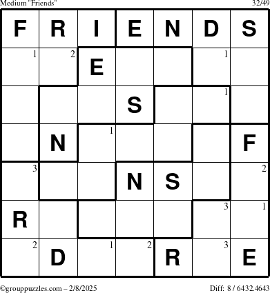 The grouppuzzles.com Medium Friends puzzle for Saturday February 8, 2025 with the first 3 steps marked