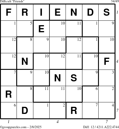 The grouppuzzles.com Difficult Friends puzzle for Saturday February 8, 2025 with all 12 steps marked