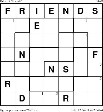 The grouppuzzles.com Difficult Friends puzzle for Saturday February 8, 2025 with the first 3 steps marked