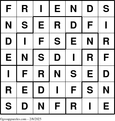 The grouppuzzles.com Answer grid for the Friends puzzle for Saturday February 8, 2025