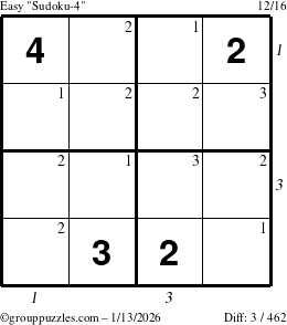 The grouppuzzles.com Easy Sudoku-4 puzzle for Tuesday January 13, 2026, suitable for printing, with all 3 steps marked