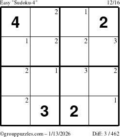 The grouppuzzles.com Easy Sudoku-4 puzzle for Tuesday January 13, 2026 with the first 3 steps marked