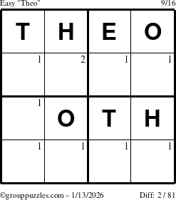 The grouppuzzles.com Easy Theo puzzle for Tuesday January 13, 2026 with the first 2 steps marked