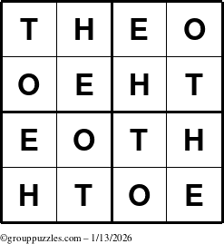 The grouppuzzles.com Answer grid for the Theo puzzle for Tuesday January 13, 2026