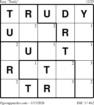 The grouppuzzles.com Easy Trudy puzzle for Tuesday January 13, 2026 with the first 3 steps marked