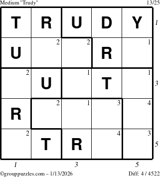 The grouppuzzles.com Medium Trudy puzzle for Tuesday January 13, 2026 with all 4 steps marked