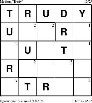 The grouppuzzles.com Medium Trudy puzzle for Tuesday January 13, 2026 with the first 3 steps marked